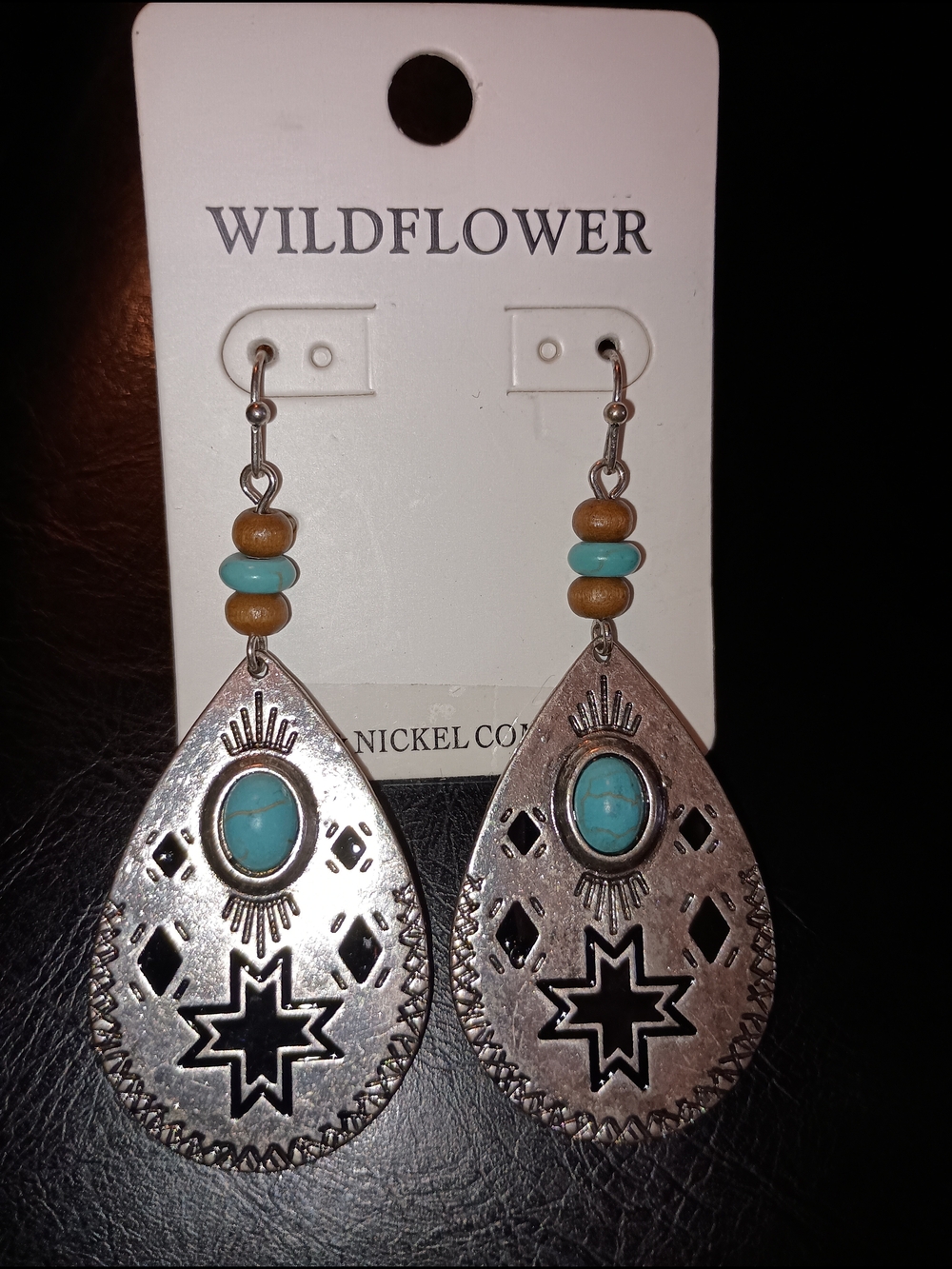 Wildflower Silver-Tone Teardrop Earrings with Turquoise & Tan Beads